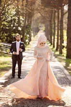 New arriving fashion full long sleeve high neck with hijab heavy beaded vestidos de noivas long sleeve muslim wedding dress 2016