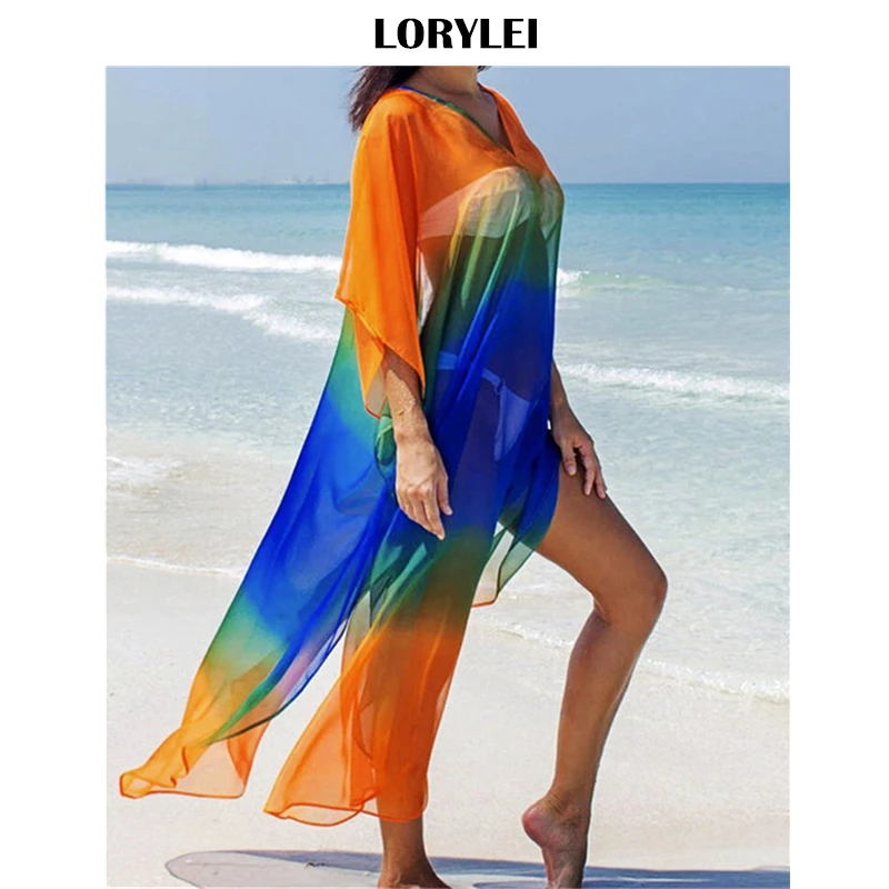 

2019 Multicolored Bohemian Style V-neck Sheer Chiffon Tunic Beach Dress Summer Women Beachwear Sexy Bathing Suit Cover Up N802