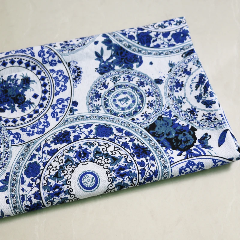 Хлопковая льняная ткань с рисунком для шитья, декоративная ткань для дома, китайская синяя и белая ткань