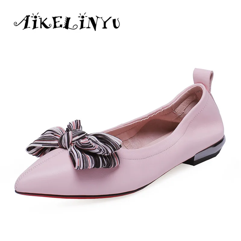 

AIKELINYU Cowhide Basic Flats Elegant Cusp Toe Bow Flat Office Career Women Shoes Handmade Simple Style Comfortable Soft Shoes