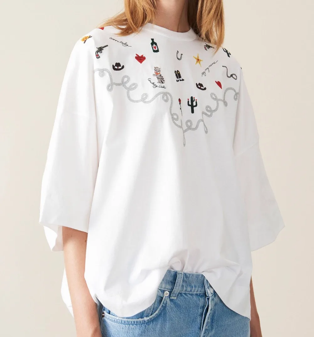 

2019 spring and summer new O collar short sleeve character embroidery women oversized white cotton T-shirts
