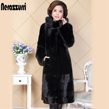 

Nerazzurri Winter real mink fur coat for women china natural fur slim black genuine hooded russian mink coats plus size 5XL 6XL