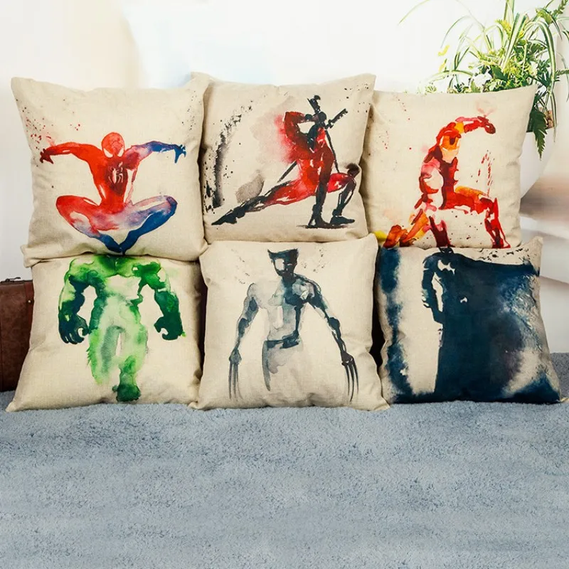 

Cartoon Spiderman Iron Man Cushion Covers Square CC111 Linen Cotton Pilowcases Anime Printed Home Sofa Decorative Pillow Cover