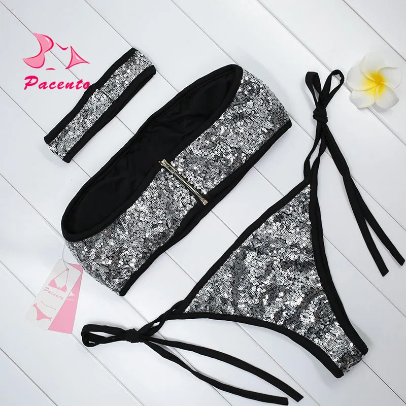 Pacento сексуальное бикини с блестками одноцветное без бретелек ожерельем