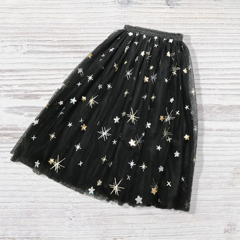 2019 Spring &amp Summer Fashion Korean Style Big Swing Maxi Skirts Womens High Waist Embroidered Star Tutu Adult Long Tulle Skirt | Женская