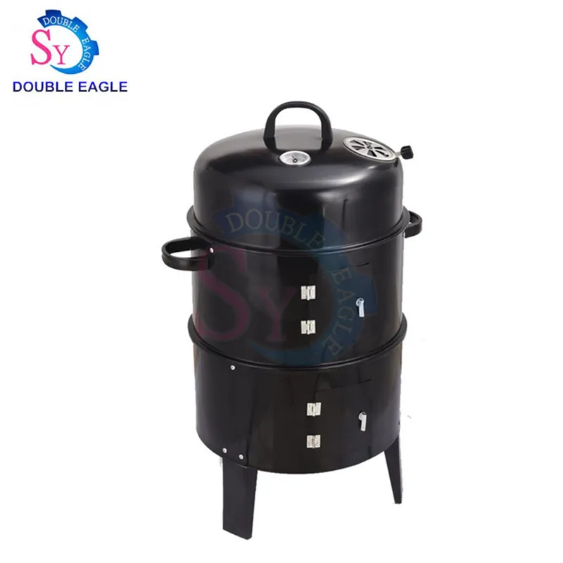 Outdoor folding cylindrical black outdoor charcoal grill/Three in one charcoal smoker barrel oven/Iron smoky furnace