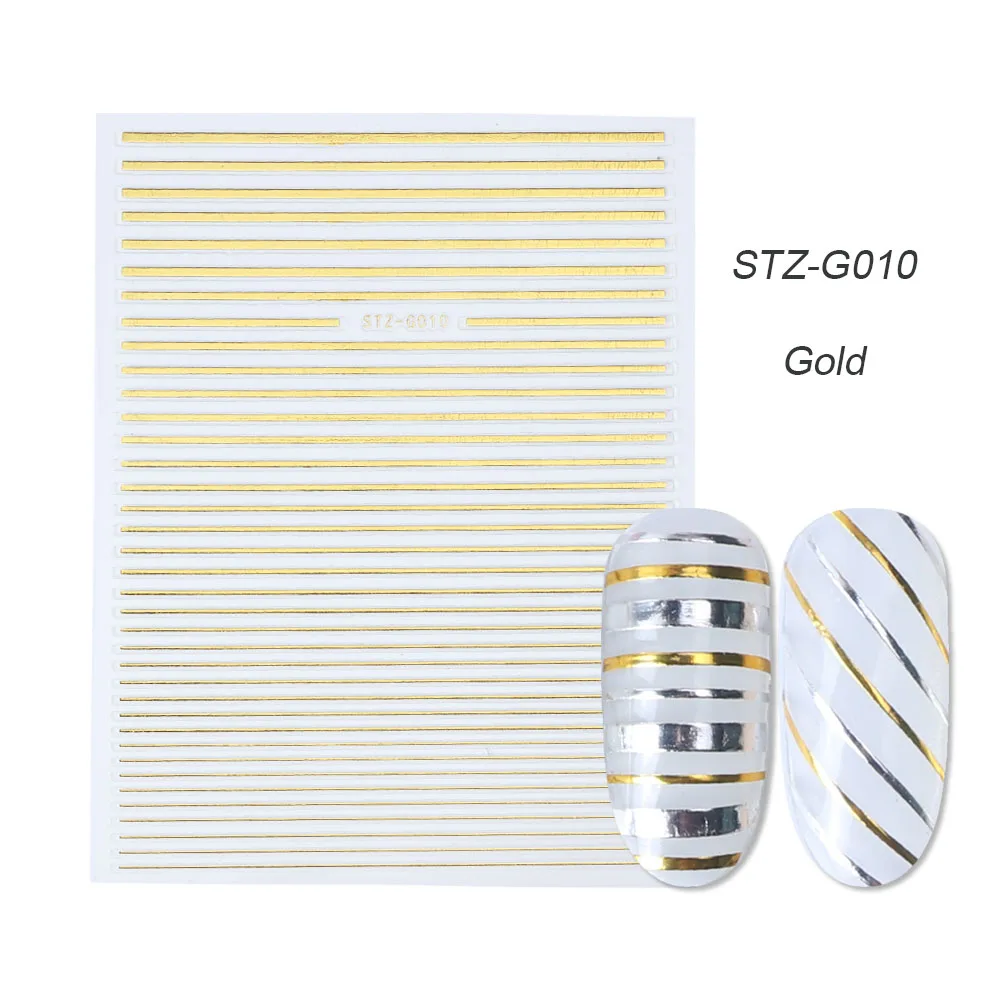 STZ-G010 Gold 1 шт золотые Серебристые 3D наклейки для ногтей прямые изогнутые вкладыши полосы ленты обертывания геометрический дизайн ногтей украшения BESTZG001-013 - Цвет: STZ-G010 Gold
