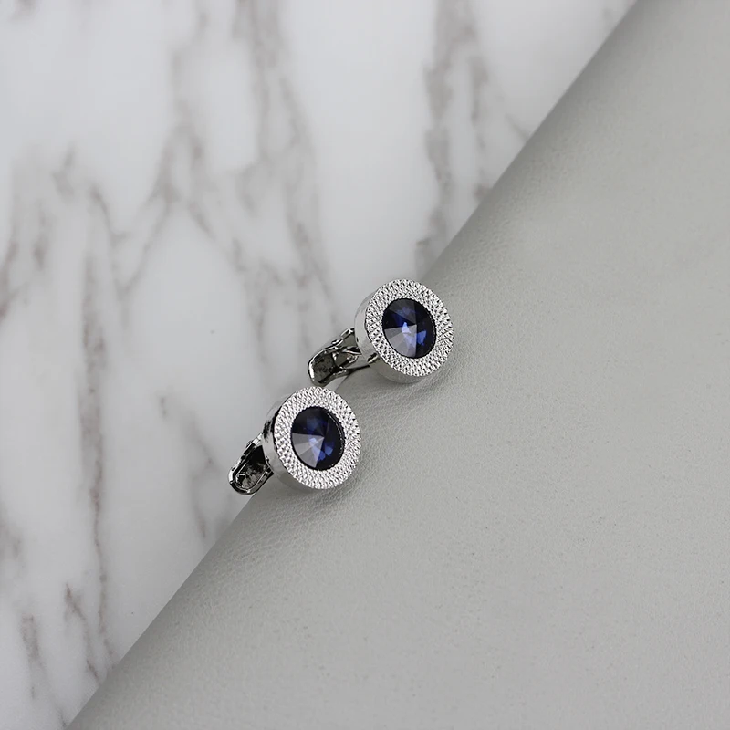 

Men's oversized blue zirconium French silver alloy stone cufflinks round design pockmark frame full of noble quality