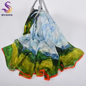 

[BYSIFA] Blue Green Silk Scarf Shaw Foulard Femme New Luxury 100% Pure Silk Long Scarves Wraps Fall Winter Ladies Neck Scarf