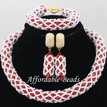 

White And Red African Wedding Jewelry Sets Popular Nigerian Beaded Jewelry Unique Style NCD125