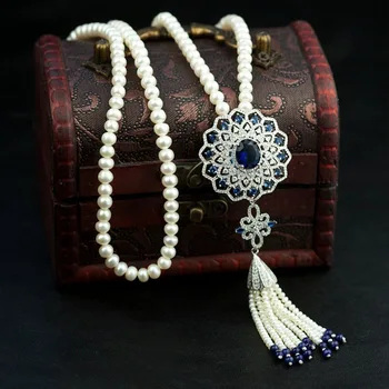 

Blue Crystal (Synthetic Quartz) Pendant Necklace 100% Real Freshwater Pearl Long Necklace Blue Eye Winter Sweater Women Jewelry