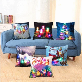 

New Christmas Lights Cushion Cover LED Pillow Case Pillowcase Creative Printing Velvet Pillowcase Sofa Flashing Decorative