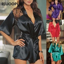 RIUOOPLIE женское сексуальное белье атласное кружевное черное кимоно интимное ночное платье