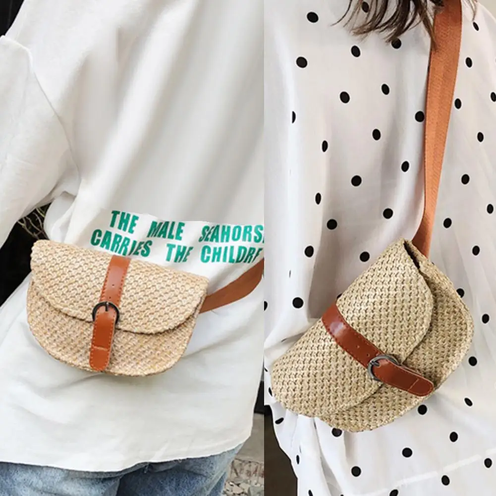 Женская модная летняя пляжная сумка на ремне с клапаном, соломенная сумка через плечо, поясная сумка