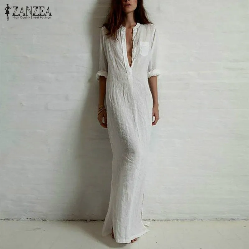 

Bohemian Long Maxi Dress Women ZANZEA 2019 Summer Sexy V Neck Split Robe Dress Femme Retro Beach Party Ladies Vestidos Plus Size
