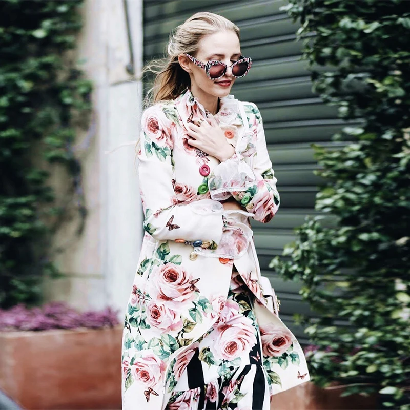 

Luxury Designer Brand Trench for Women Turn-down Collar Rose Printed Rhinestone Button Long Coat