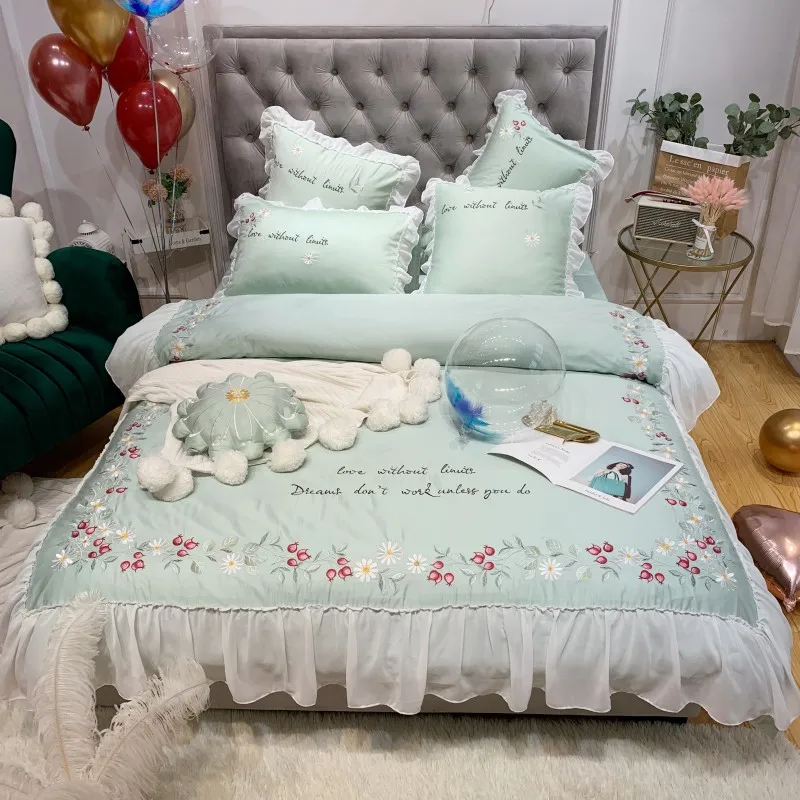 

luxury Yellow Green Flowers Embroidery 60S Egyptian Cotton Princess Girl Bedding Set Lace Duvet Cover Bed Sheet/Linen Pillowcase
