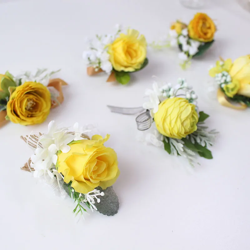 Boutonniere Flowers wedding wrist corsage flowers silk roses yellow  (57)