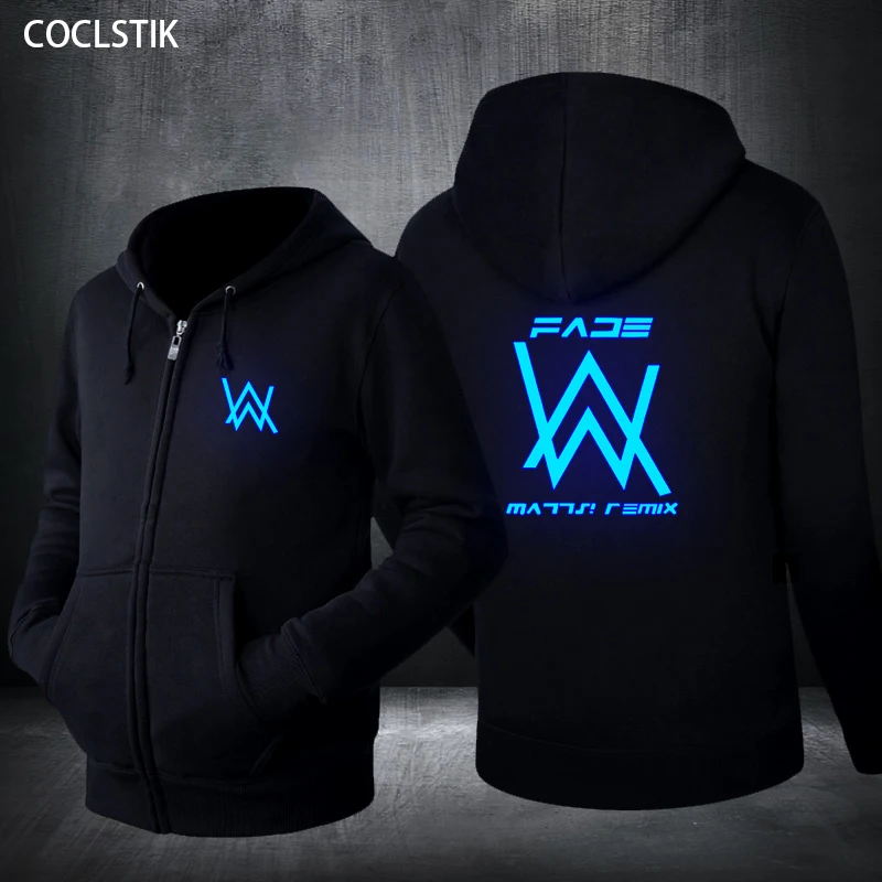 

Spring/Autumn Mens Alan Walker Hoodies Zipper Jackets Fluorescent In Dark Sweatshirts Male Black Fitness Streetwear Jacket S-4XL