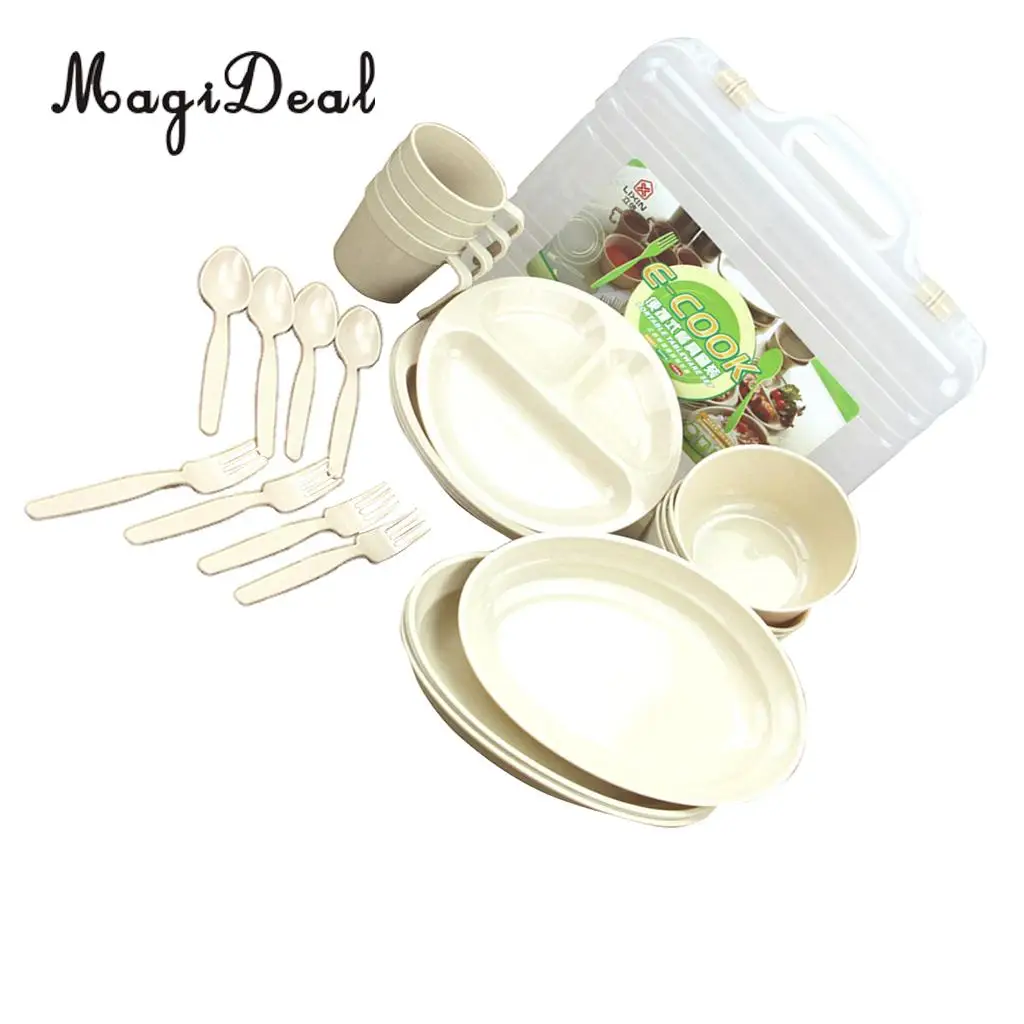 MagiDeal, 24 шт., пластиковая посуда для пикника, кемпинга, на открытом воздухе, многоразовая посуда, набор посуды для кемпинга, барбекю, пляжа, уличная посуда