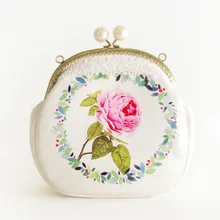 Watercolor Handmade Bag Chinese Style Sweet Gentle Women Lace Rose One Shoulder Cross-body Handbag White The Mouth Gold Package