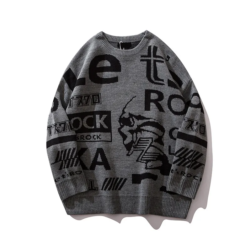 Dark Icon Letter Round Neck Hip Hop Sweater Men Autumn Winter Pullover Men’s Sweaters Loose Sweater Men - Цвет: grey sweater