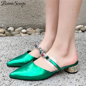 

Pointed Toe Crystal Mules Shoes For Women Genuine Leather Summer Sandals Prom Dress Shoes Rhinestone Strass Bling Slippers Women