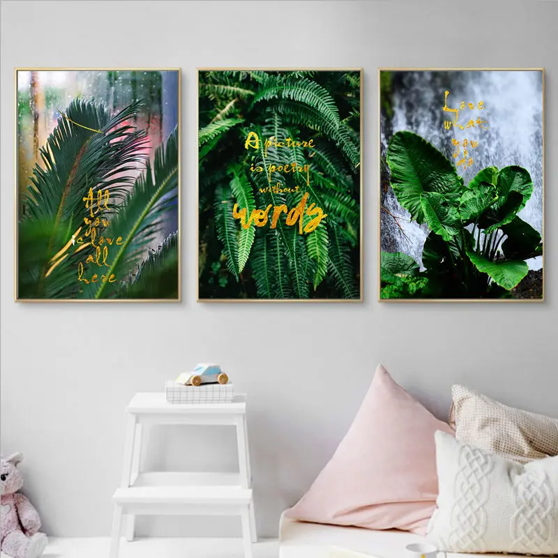 

3 panels Nordic style Green leaf canvas painting posters and print modern decor wall art pictures for living room dinning room
