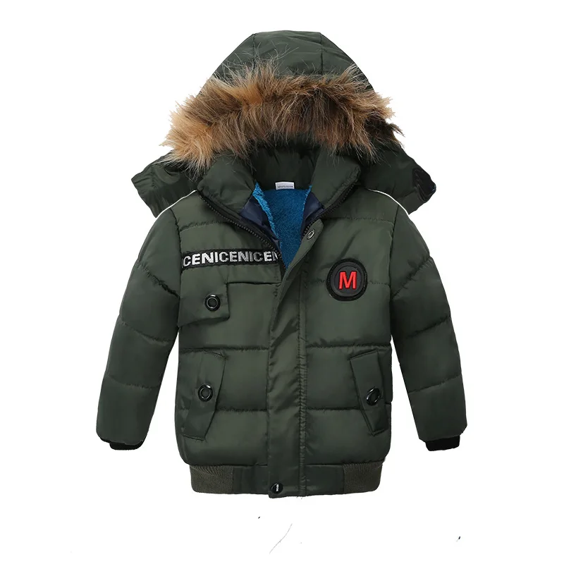 Winter Warm Thicken Fur Collar Child Coat Children Outerwear Windproof Fleece Liner Baby Boys Jackets For 90-110cm - Цвет: Армейский зеленый