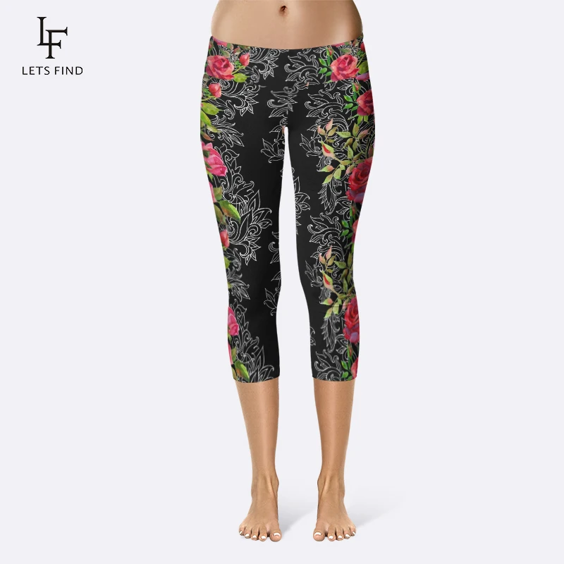 2019 Women High Quality Capri Leggings High Waisted Flower Print Pants Fitness Mid-Calf Elastic Comfortable Black Leggings 2019 Women High Quality Capri Leggings High Waisted Flower Print Pants Fitness Mid-Calf Elastic Comfortable Black Leggings
