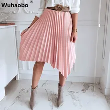 Wuhaobo Женская модная плиссированная юбка эластичная талия сплошной цвет миди юбка неправильный дизайн Офисная Женская юбка