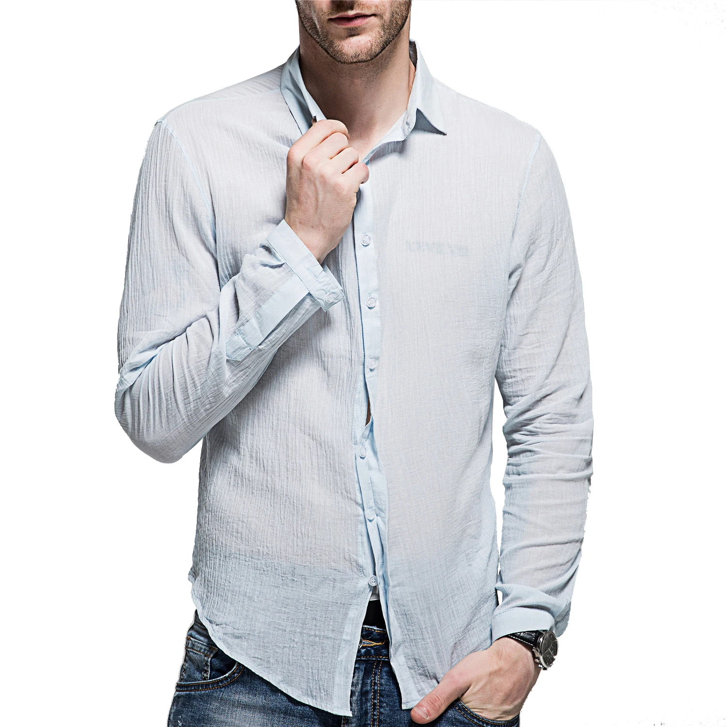 

LEFT ROM 2019 fashion male summer High-grade flax long sleeve shirts/men slim Fit lapel Cotton linen shirts camisa masculina