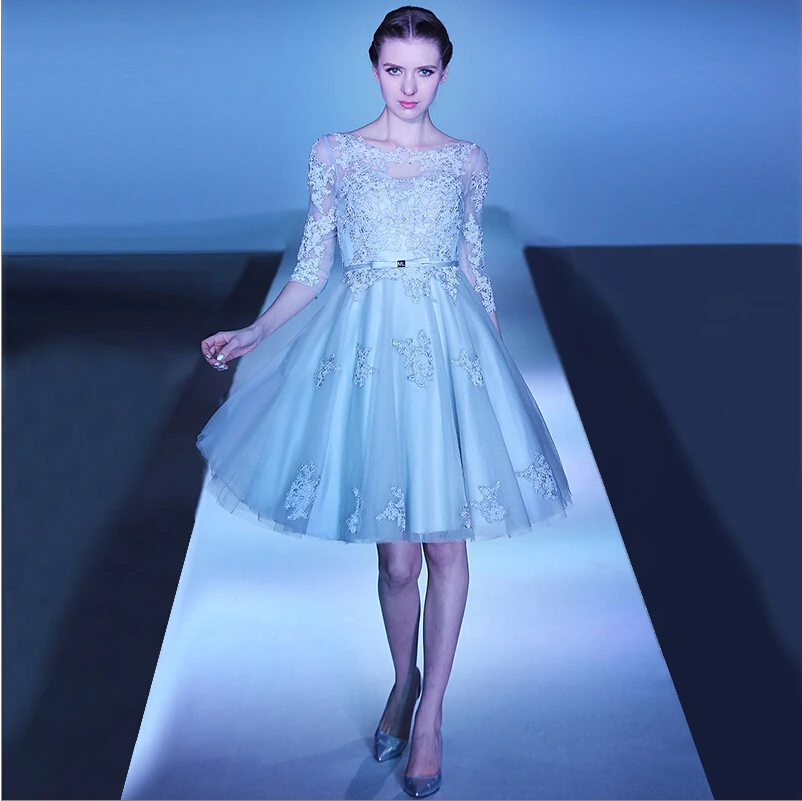 Real Photo YRE24 Robe de Soiree Lace Appliques 3/4 Sleeves Light Blue Short Evening Dress | Свадьбы и торжества