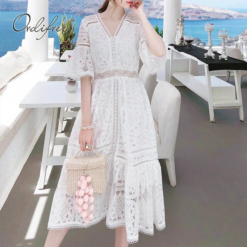 

Ordifree 2019 Summer Women White Lace Dress Sundress Short Sleeve Crochet Sexy White Lace Tunic Beach