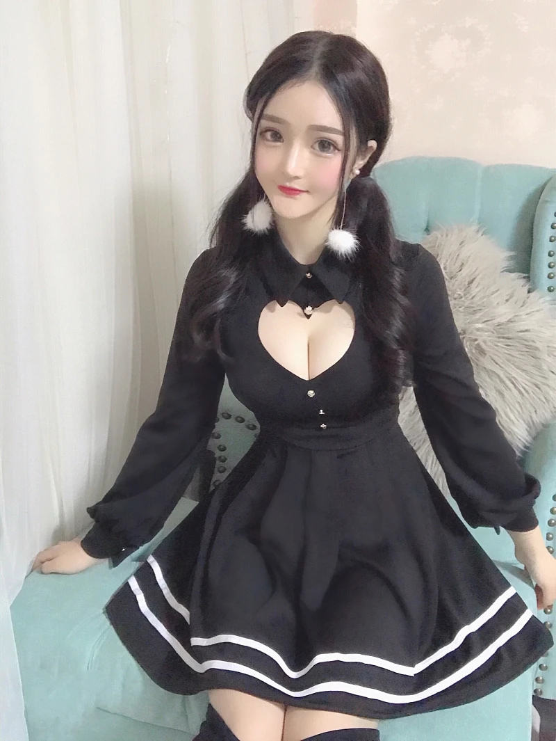 

New Korean Sexy Gothic Fashion Elegant Harajuku Black Women Heart Mini Dresses Slim Female Long Sleeves Sweet Dress 2019