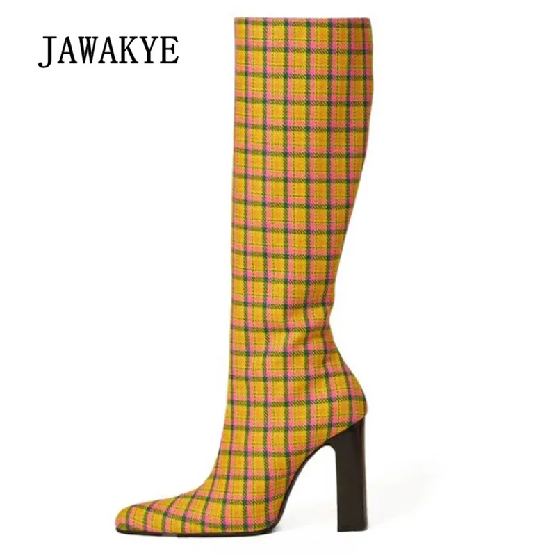 

New Arrival Knee High Boots Woman Pointed Toe Yellow lattice High Heel Boots Woman Fashion Party Shoes