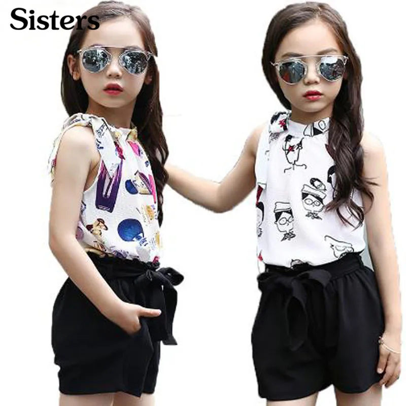 Sisters Girls Clothing Set Chiffon Dot Vest and Shorts Summer Cartoon T-shirt Children's 4 5 6 7 9 11Years | Детская одежда и