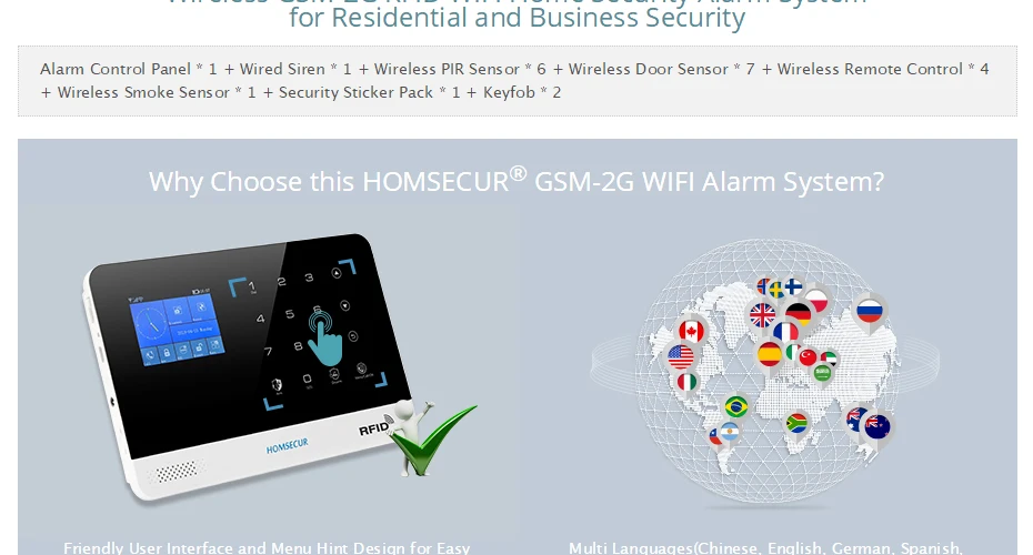 Homsecur беспроводный ЖК дисплей 2 г/GSM Wi Fi дома охранной сигнализации системы + IOS/Android APP (EN/DE/ES/RU/FR/PL/PT/IT меню регулируемый)