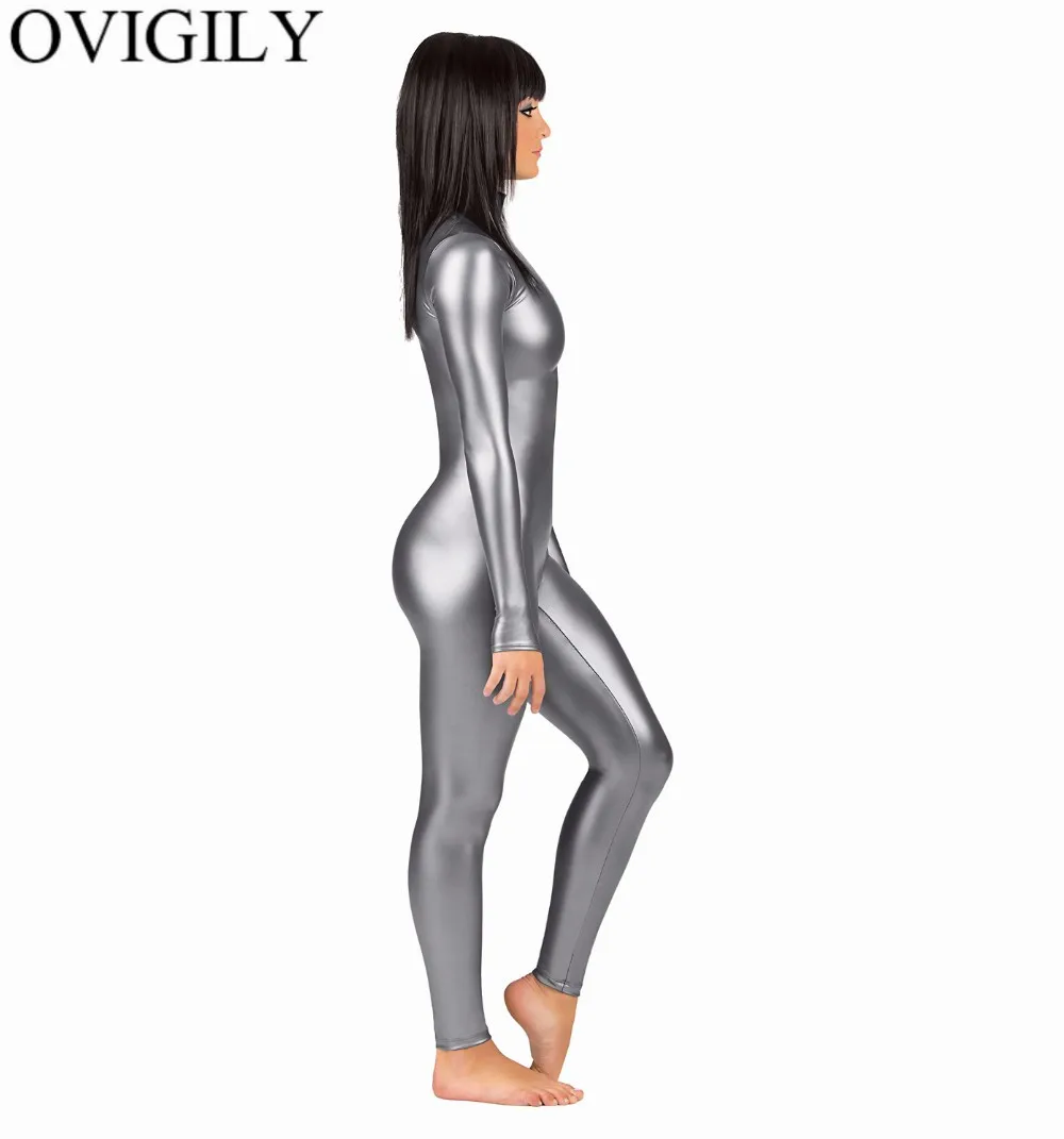 Cosplay Costume Adult Unitard OVIGILY Women's Full Body Suit Costume Spandex Dance Ballet Gymnastics Catsuit Adult Black Long Sleeve Shiny Metallic Unitard