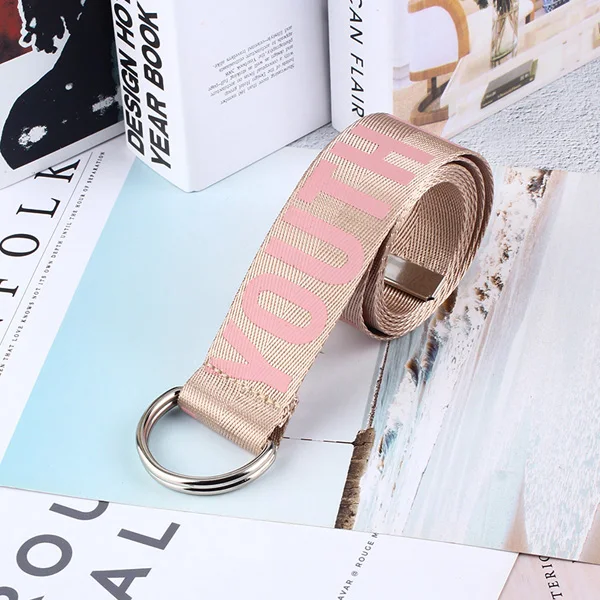 Women Jeans Belt Fashion Letter Printed Unisex Double D Ring Canvas Strap Female Long Belts For girl Jeans decoration Belts H101 - Цвет: Pink