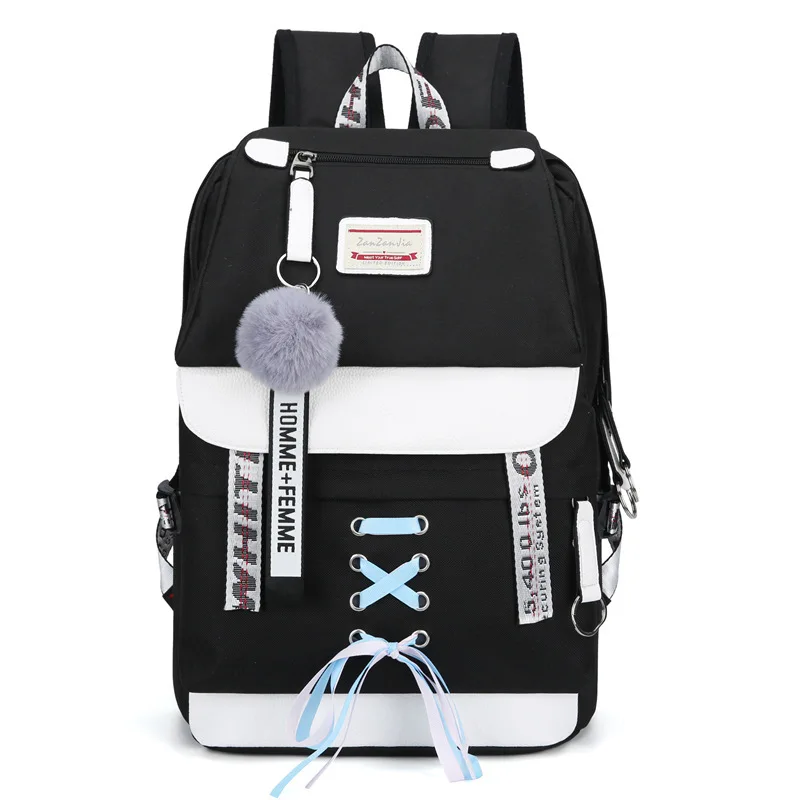 Большой рюкзак с фиолетовым USB для девочек, школьный рюкзак для женщин, школьная сумка для подростков, тканевый рюкзак для студентов средней школы, рюкзак - Color: Black