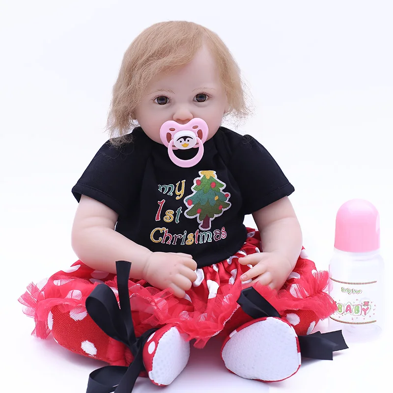 

Personalized 48cm cloth body lifelike toddler baby girl with lovely skirt and green plush toy silicone reborn baby dolls