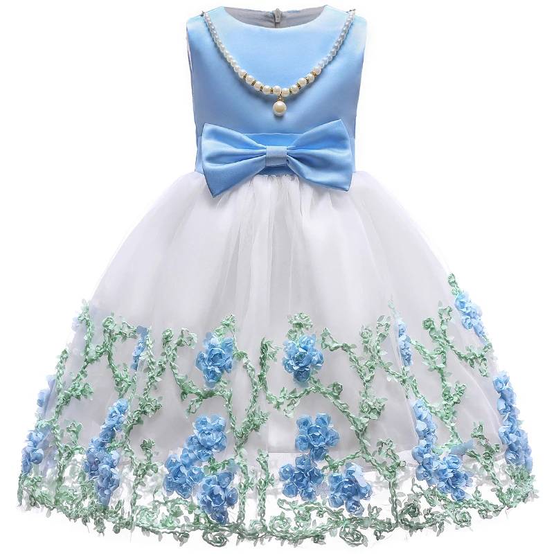 

Girls Wedding Dresses 2018 Sleeveless Flower Mesh Princess Dress with Necklace Bow Baby Children's Costumes Kids Clothing 2-10Y