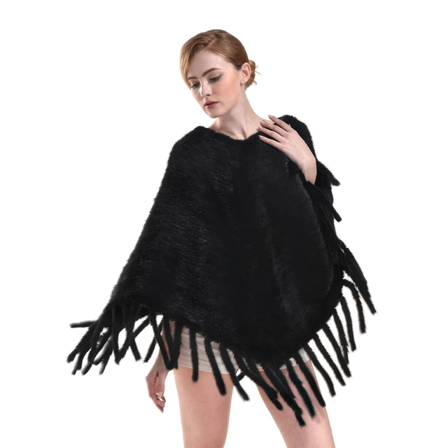 Cheap High Quality Fashion Knitted Mink Fur Poncho with Tassels Cape Shawl Winter Warm Solid Color Design Free Shipping