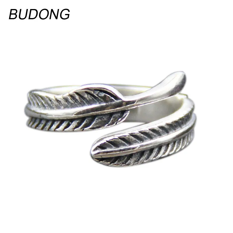 BUDONG Feather Design Vintage Open Resizable Cocktail Party Ring Fine Jewelry Retro Thailand 925 Sterling Silver Rings for Women | Украшения