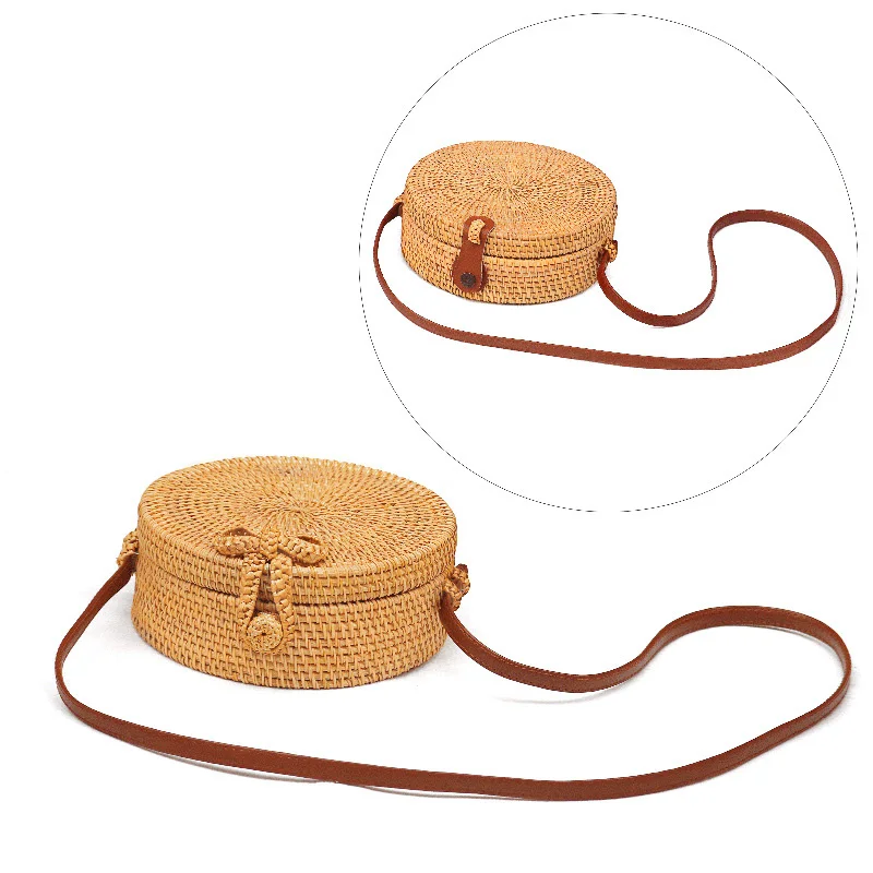 

Vintage Rattan Bags Women Handmade Woven Round Straw Crossbody Shoulder Bag Summer Beach Handbags Circular Tote Bali SS7401