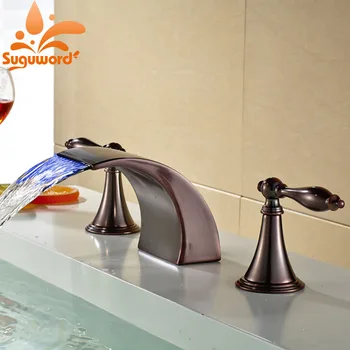 

LED Colors Waterfall Spout Basin Faucet 3 Holes Sink Mixer Tap Oil Rubbed Bronze