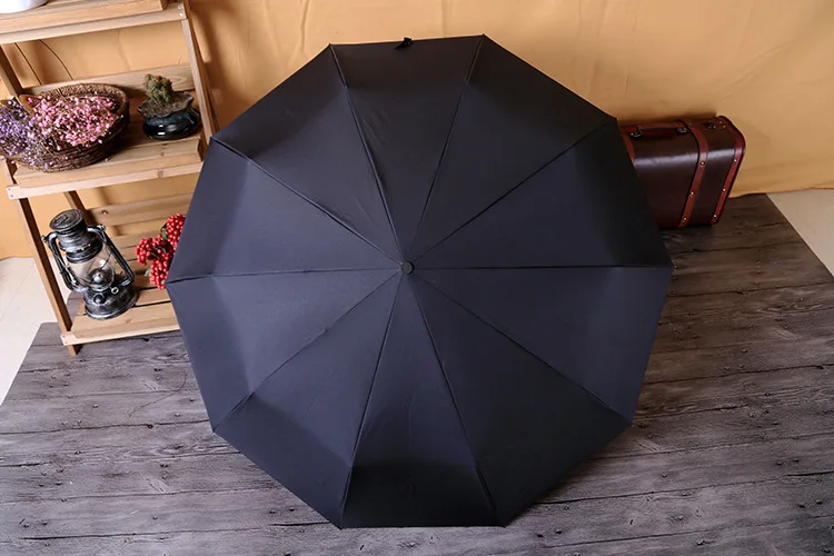 FGHGF Качество Бизнес черная кожа деревянная изогнутая ручка 10 ребра сильный автоматический три складной зонт ветронепроницаемый для мужчин дождь