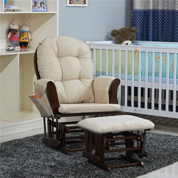 Discount Wood Rocking Chair Rocker And Ottoman Living Room Furniture Modern Ergonomic Cushioned Large Brown Rocking Chair Feeding Baby 5