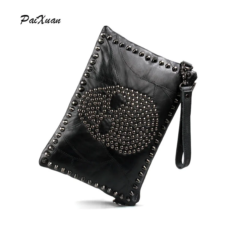 

PACENTO 2017 Women Messenger Bags Skull Punk Genuine Leather Clutch Purse Evening Clutches Party Handbags Shoulder Ladies Bolsa